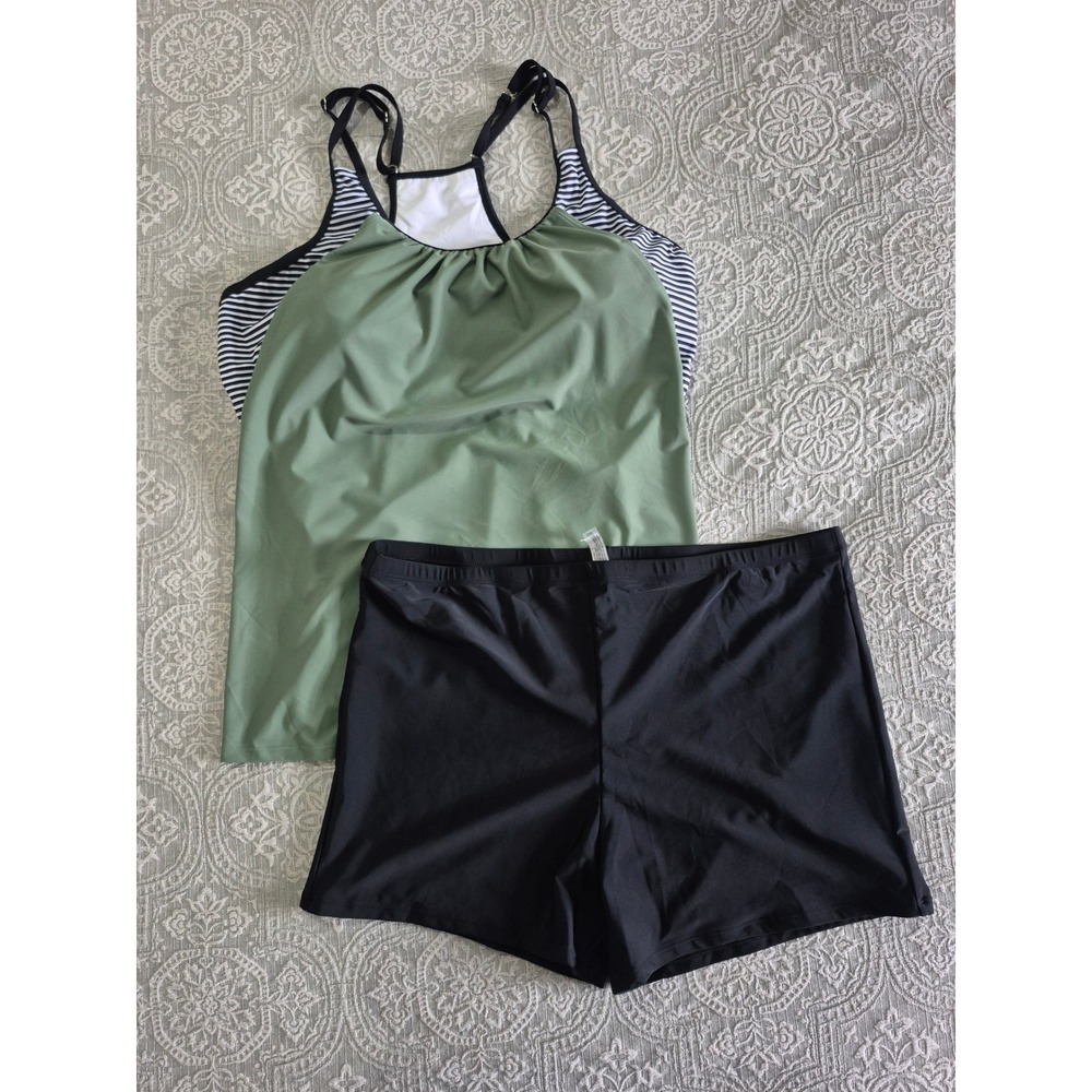 Tempt Me Tankini Swimsuit Set Olive Green Striped‎ Top Black Shorts NWT 22W